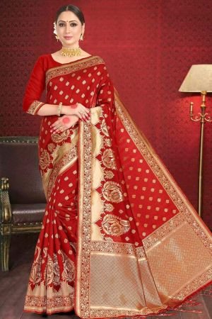 Crimson Red Printed Banarasi Saree